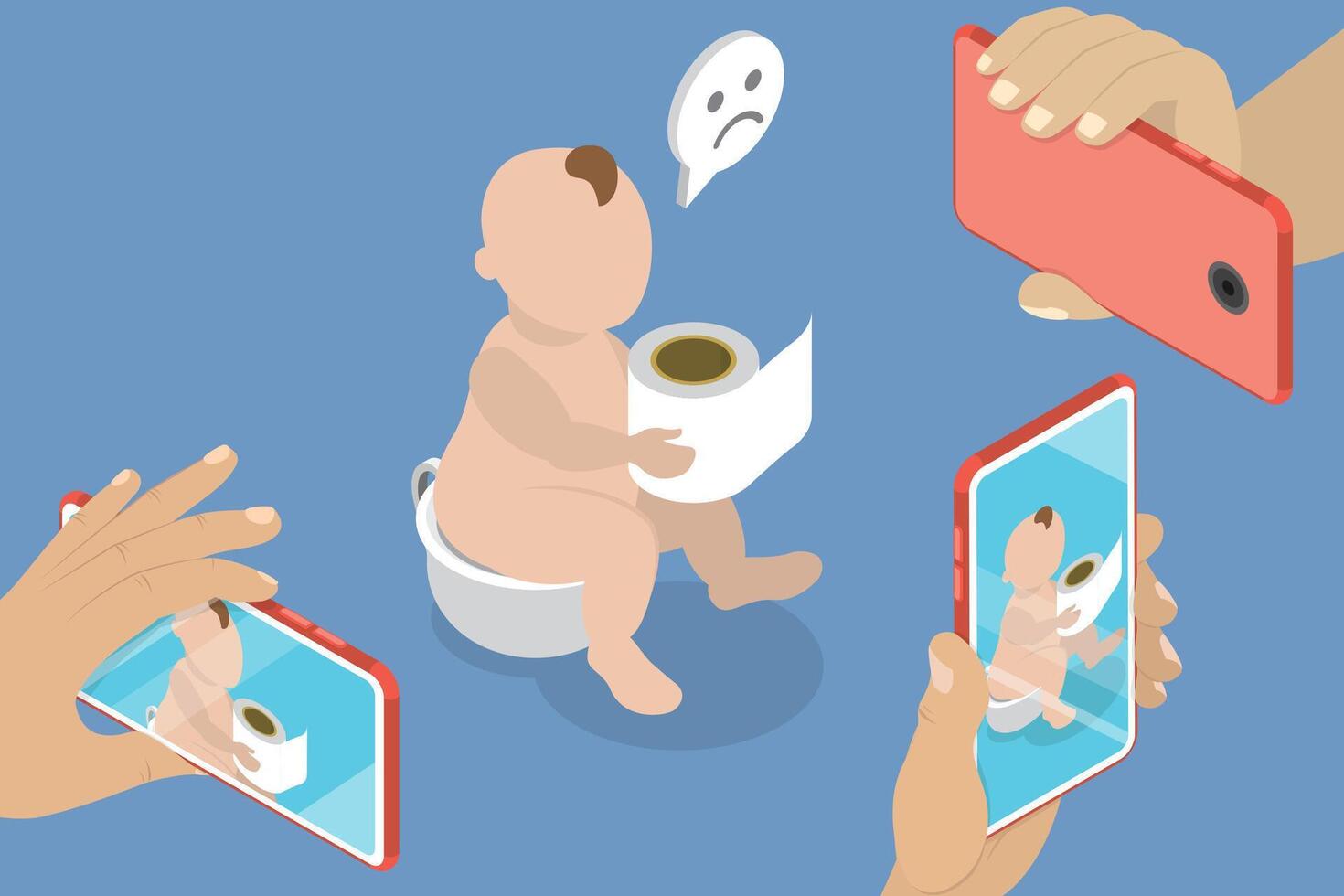 3D Isometric Flat Illustration of Baby Privacy, Oversharing or Sharenting vector