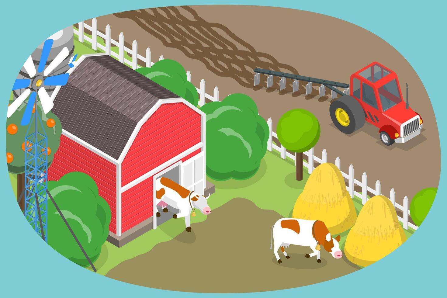 3D Isometric Flat Illustration of Farm, Eco Food Industry and Agriculture vector