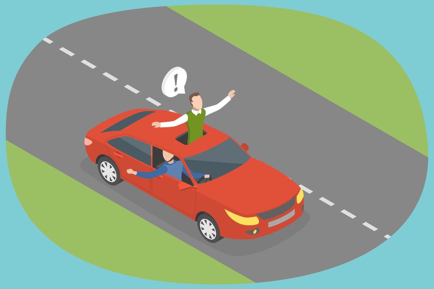 3D Isometric Flat Illustration of Dangerous Car Driving, Passenger Hanging out of Sunroof vector