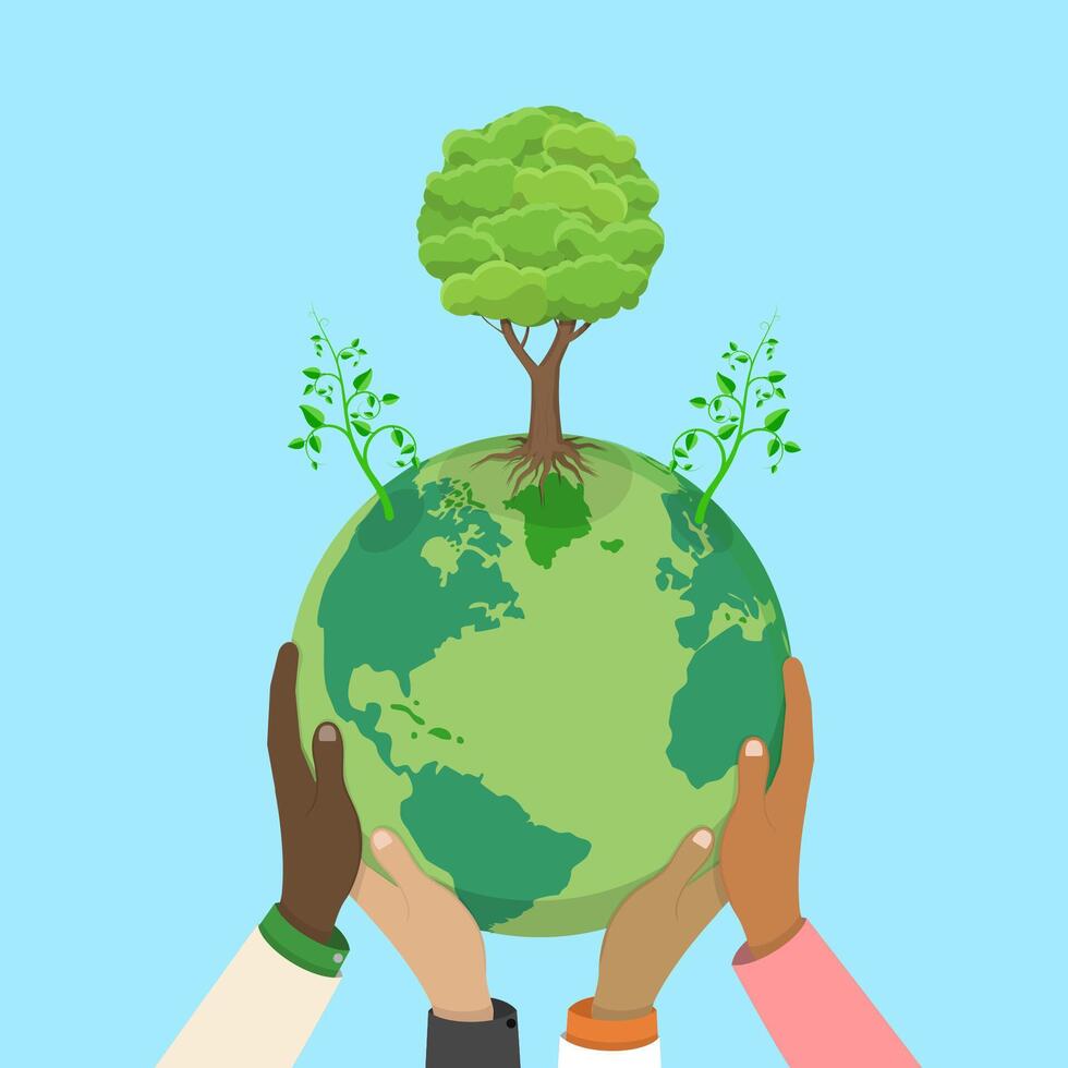 3D Isometric Flat Illustration of Hands Holding Green Earth, Save Our Planet vector