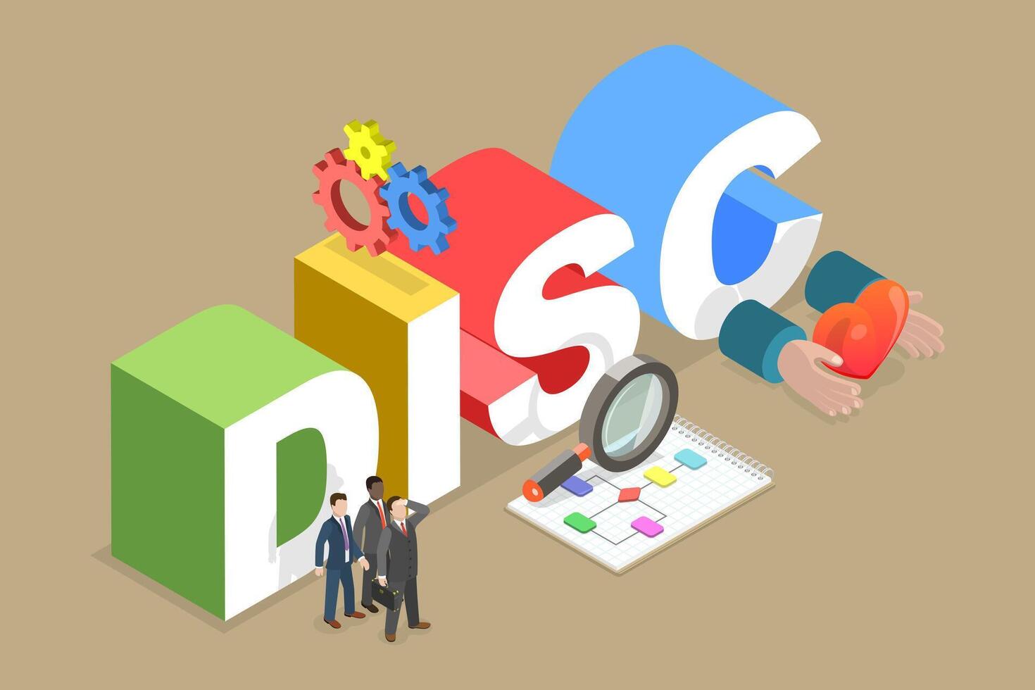 3D Isometric Flat Illustration of DISC, Dominance, Influence, Steadiness and Conscientiousness vector