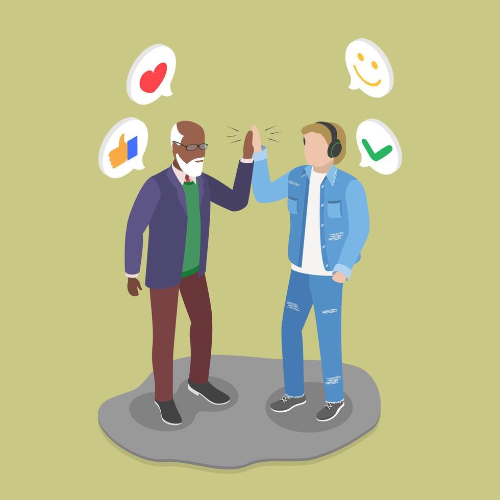 3D Isometric Flat Illustration of Cross-Generation Friendship, Grandfather and grandson vector