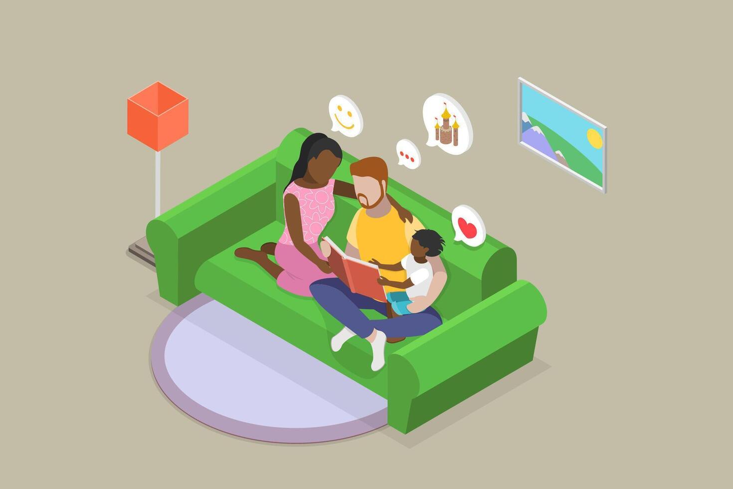 3D Isometric Flat Illustration of Family Reading Story, Positive Emotions and Good Mood vector