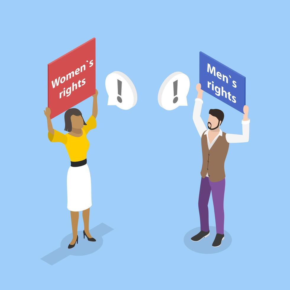 3D Isometric Flat Illustration of Gender Conflict, Workplace and Social Prejudice, Stereotypes and Discrimination vector