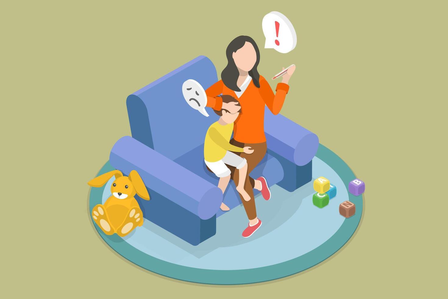 3D Isometric Flat Illustration of Child with Fever, A Mom Takes Care of her Kid vector