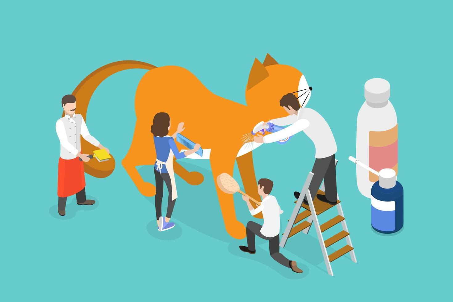 3D Isometric Flat Illustration of Cat Grooming, Pet Care, Health and Hygiene vector
