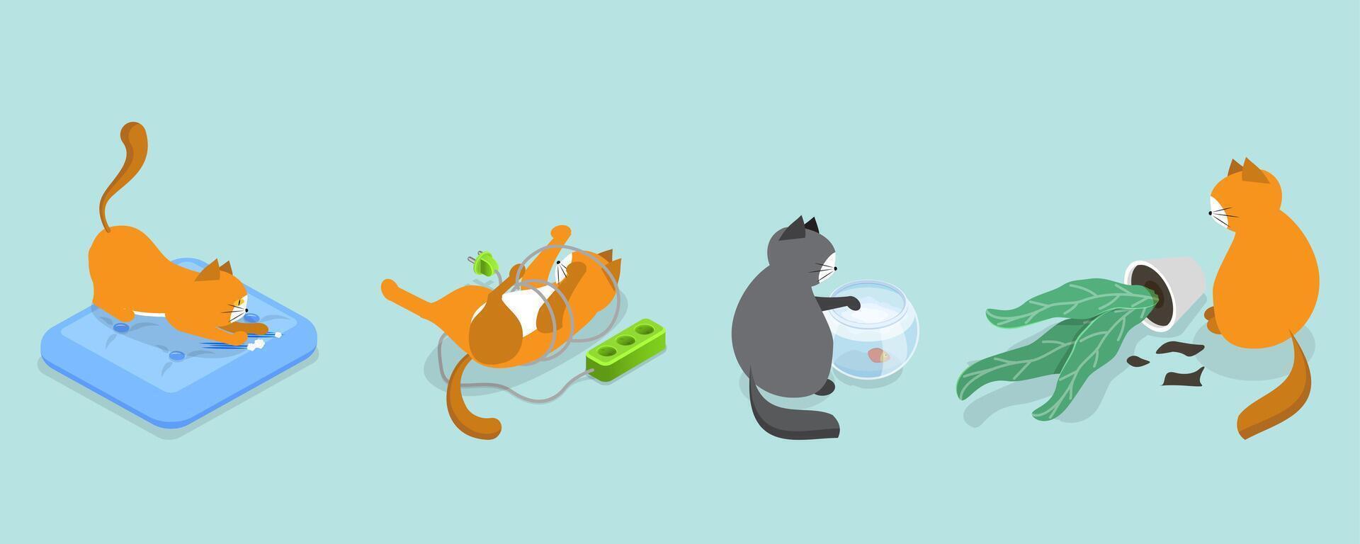 3D Isometric Flat Illustration of Naughty Pets, Scenes With Cute Cats vector