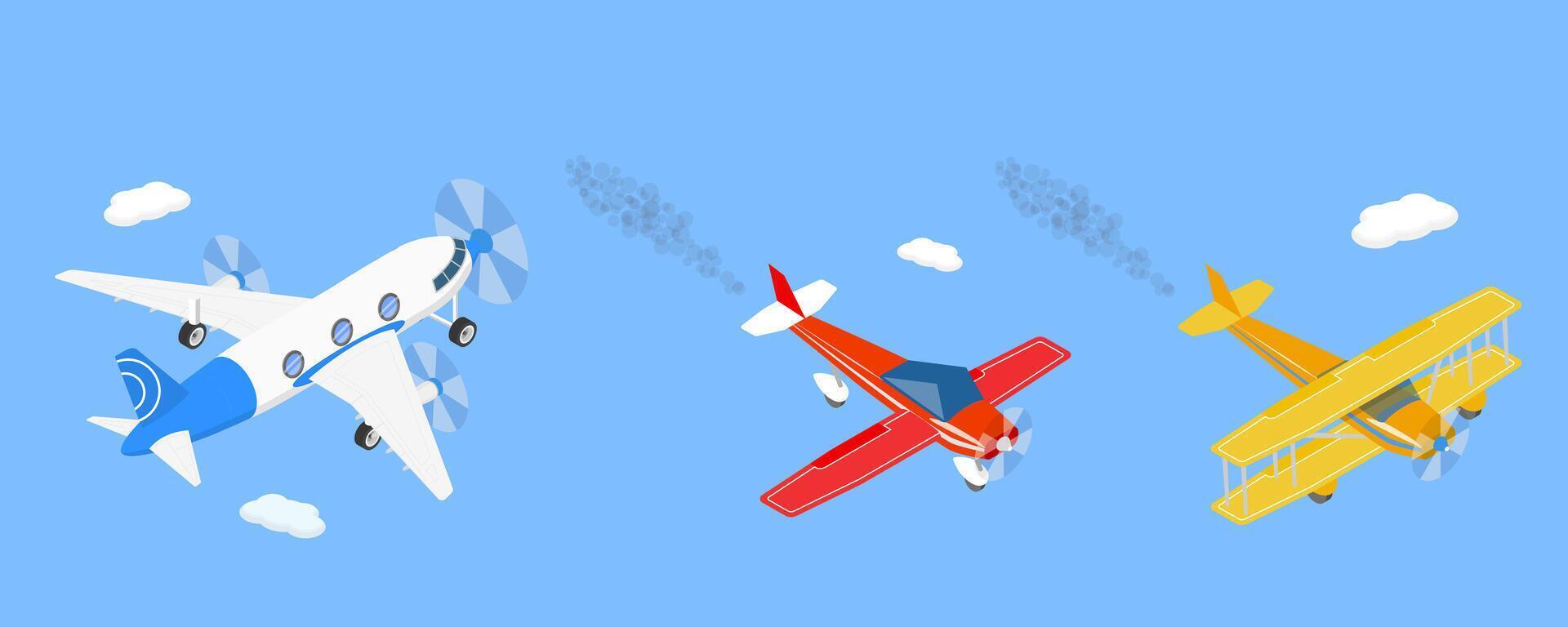 3D Isometric Flat Illustration of Flying Vintage Airplanes, Transportation and Aviation vector