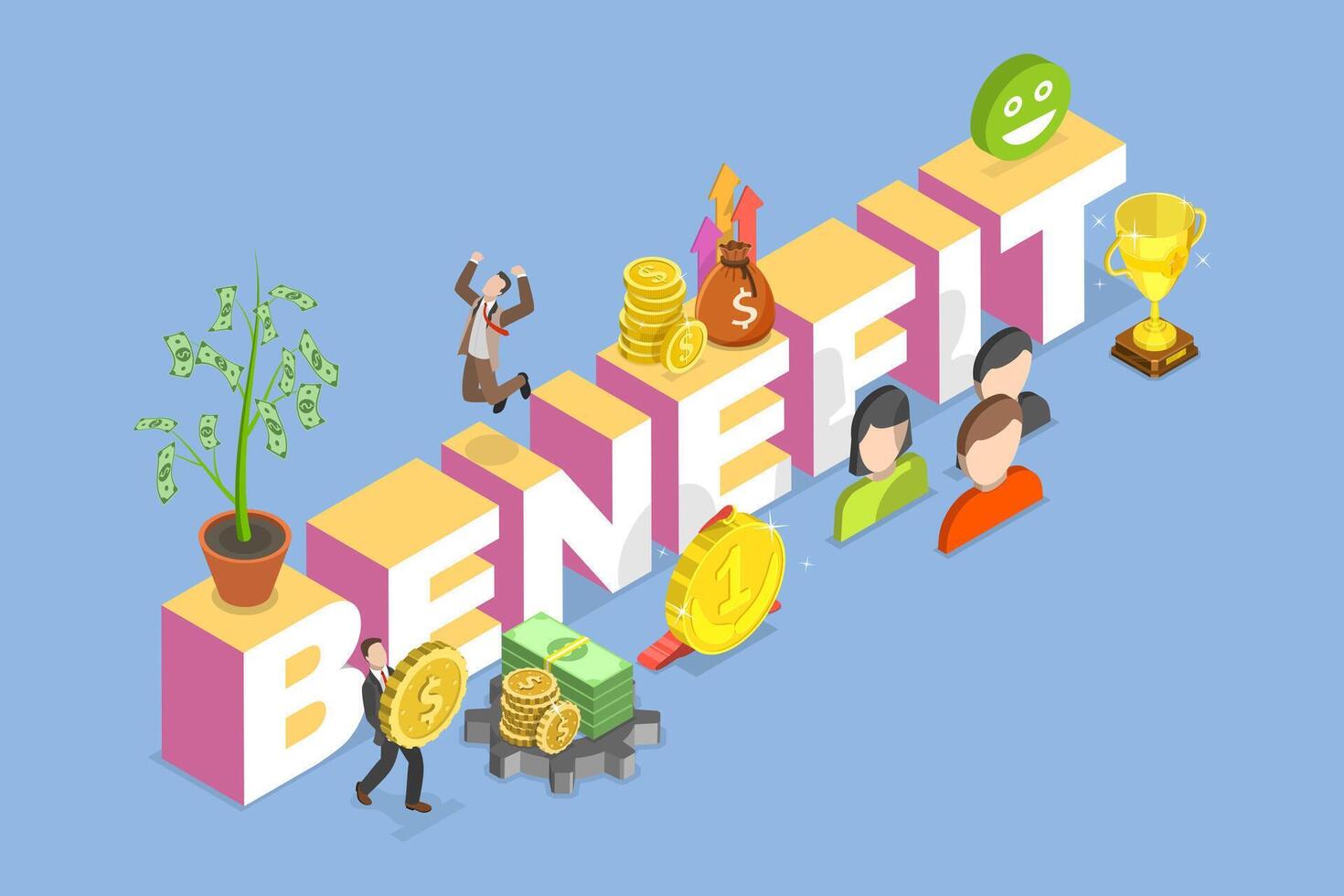 3D Isometric Flat Illustration of Benefit, Company Staff Perks Package vector