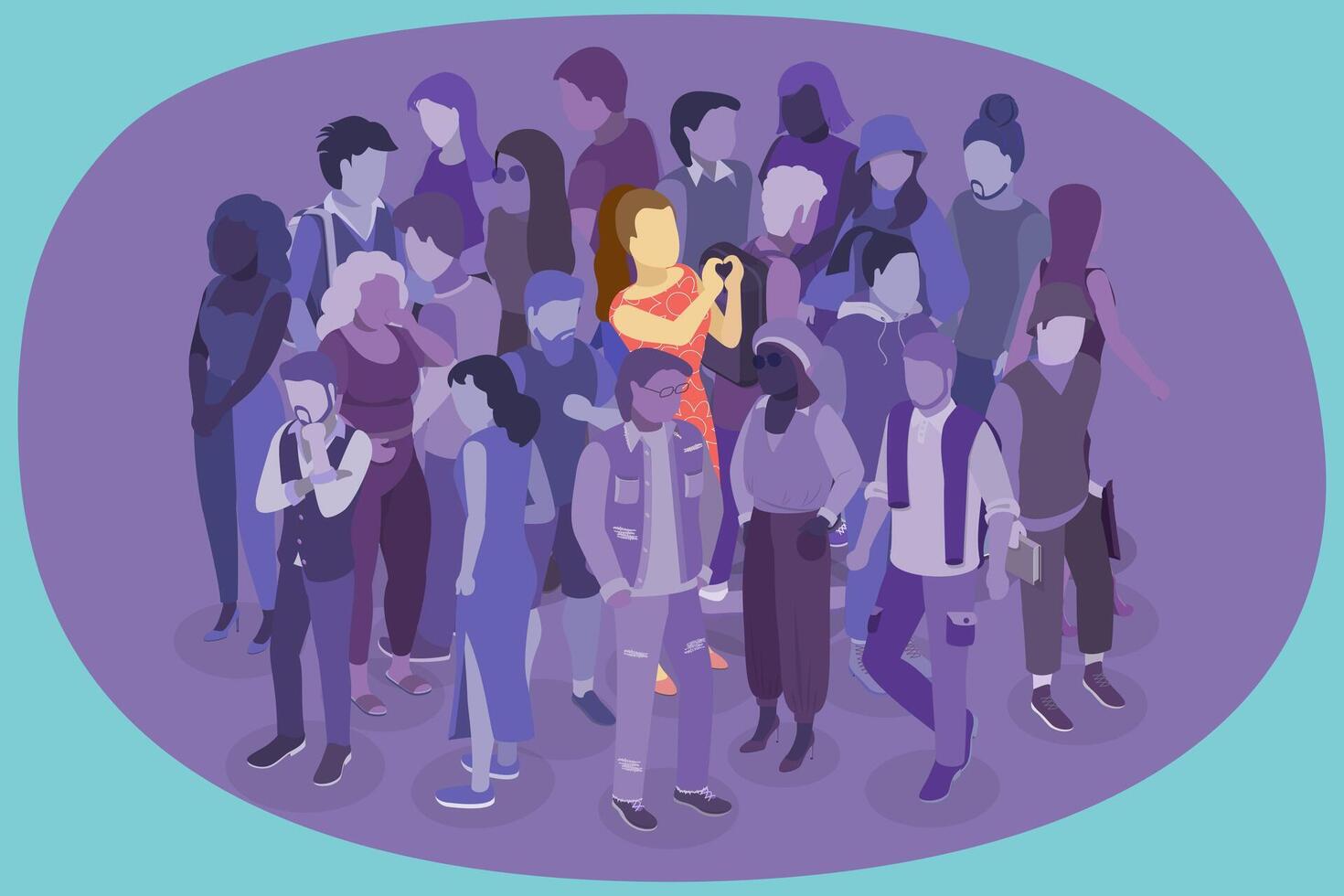 3D Isometric Flat Illustration of Happy Girl In Crowd, Cheerful Young Girl vector