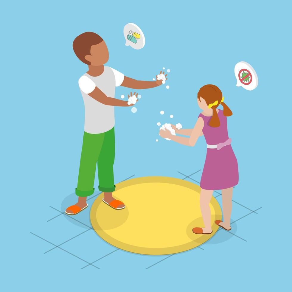3D Isometric Flat Illustration of Pesonal Hygiene Rules, Kids Clean Hands with Soap vector