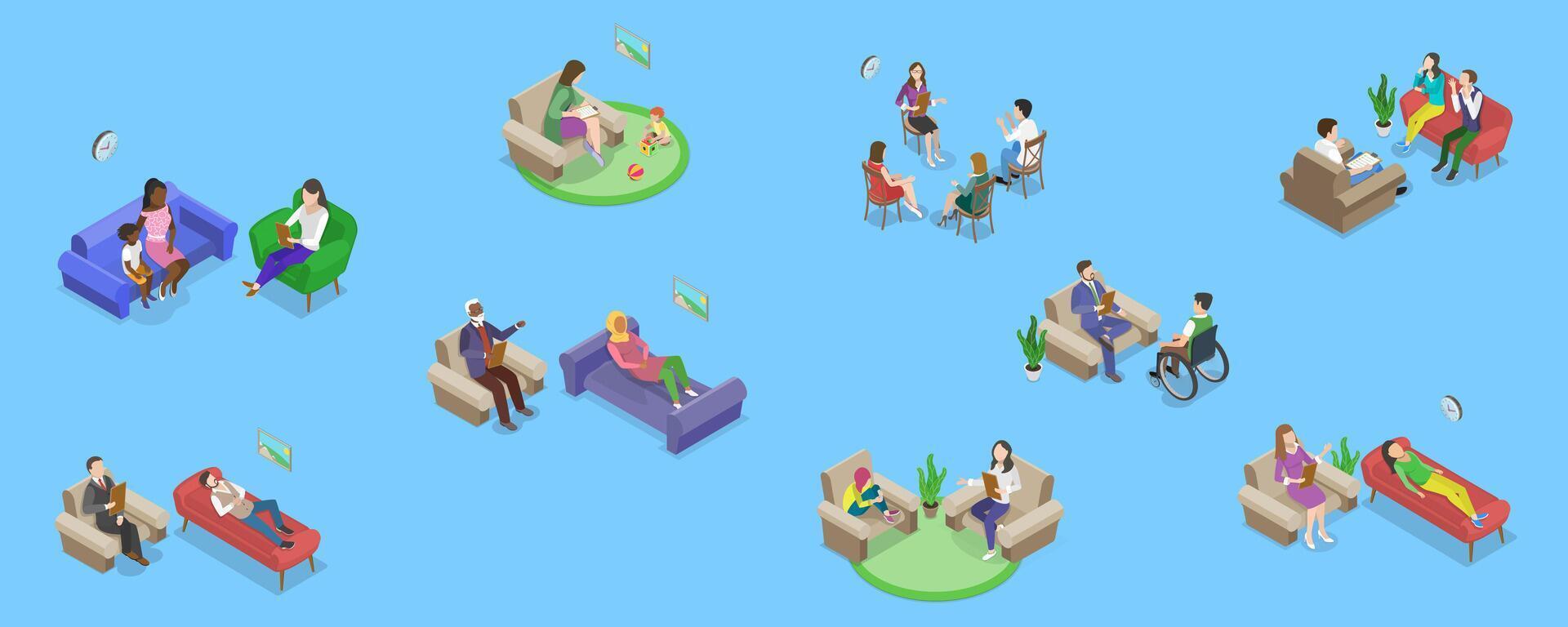3D Isometric Flat Set of Psychotherapy Session Scenes, Mental Health vector