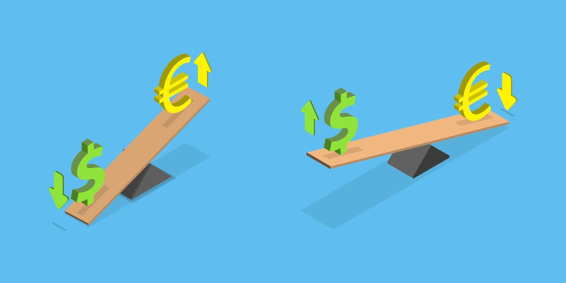 3D Isometric Flat Illustration of Euro Vs Dollar On Lever, Financial Investment vector