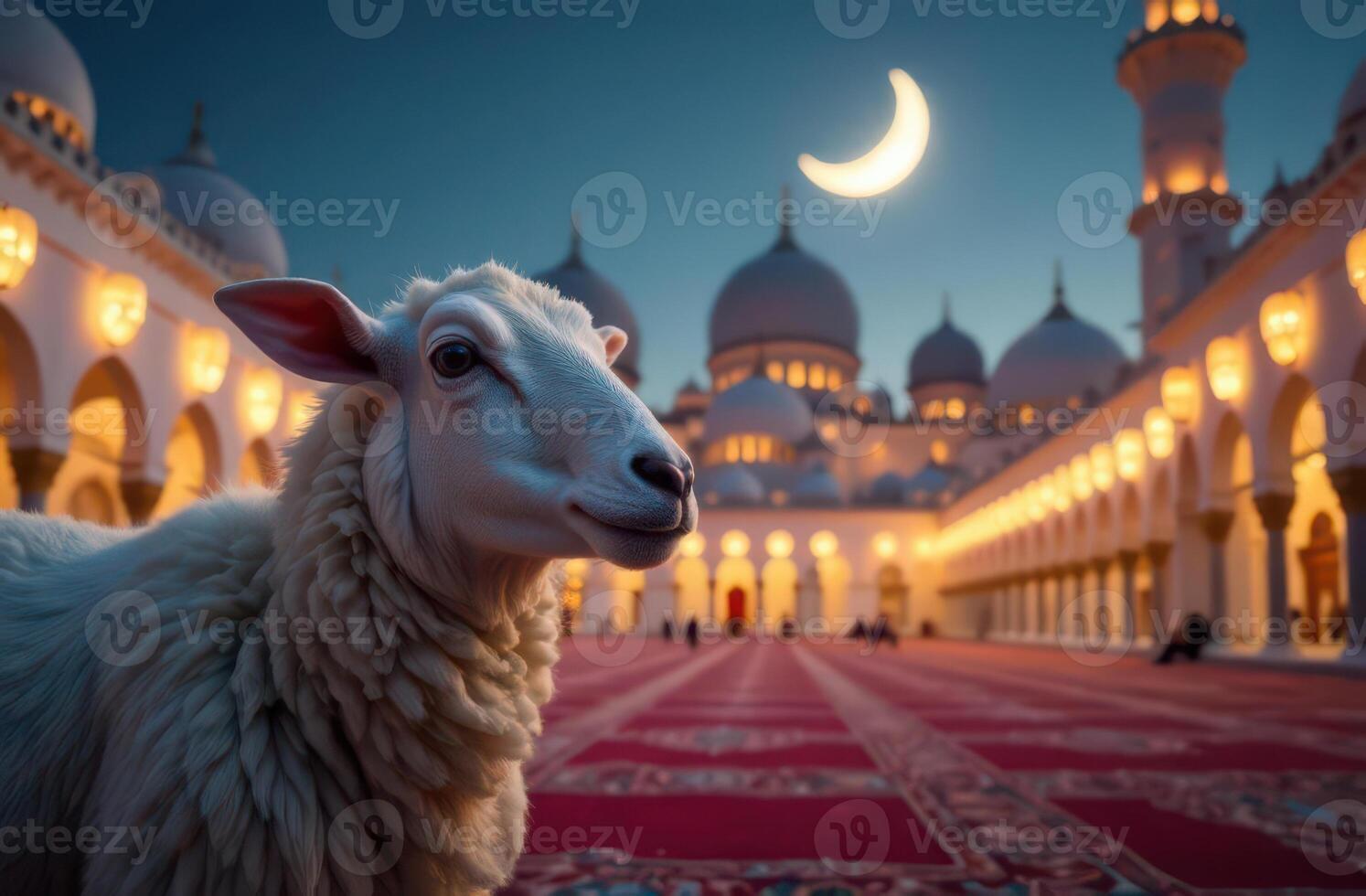 white sheep and lantern, background crescent moon above a peaceful mosque, glowing lanterns hanging in the foreground, detailed carpets covering the courtyard. Eid al Adha photo