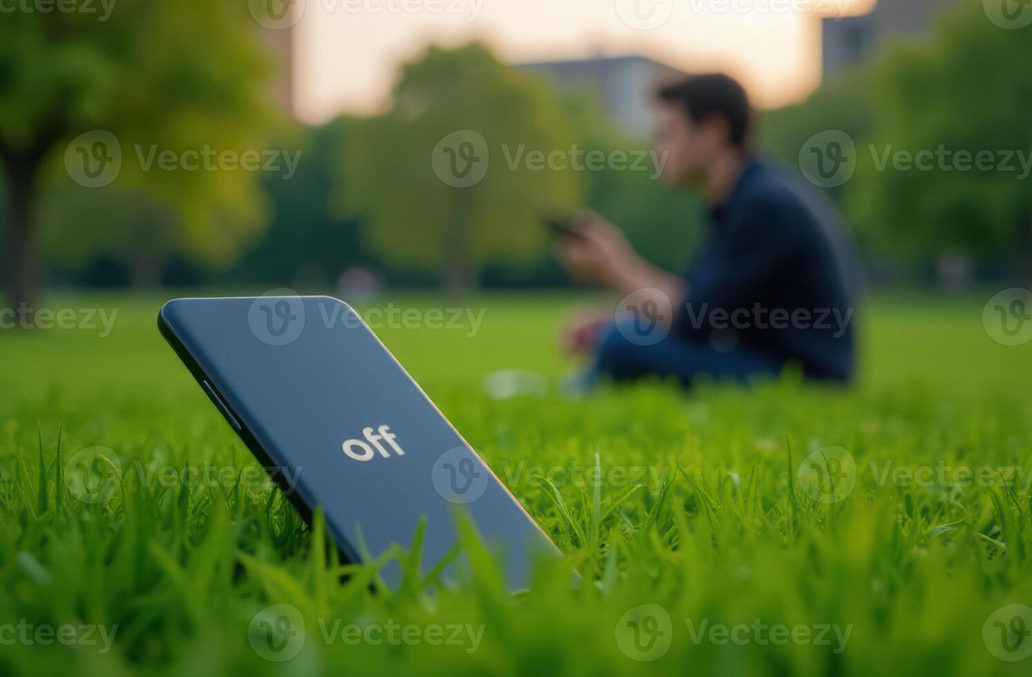 Conceptual image of smartphone disconnection in park with blurred background. Digital detox concept photo