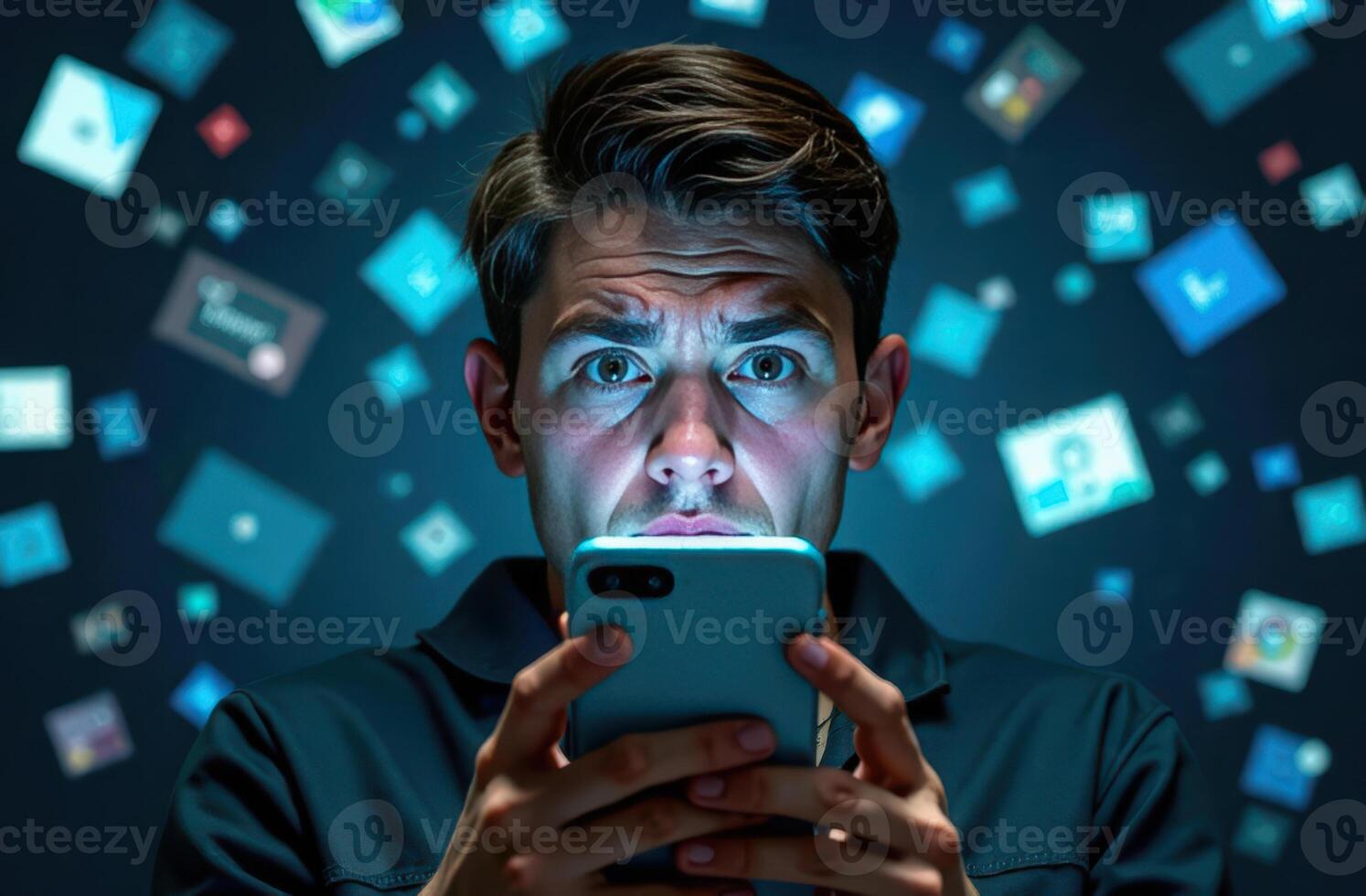 Man intently engaging with smartphone amidst floating digital app icons. concept of digital chaos, information overload photo