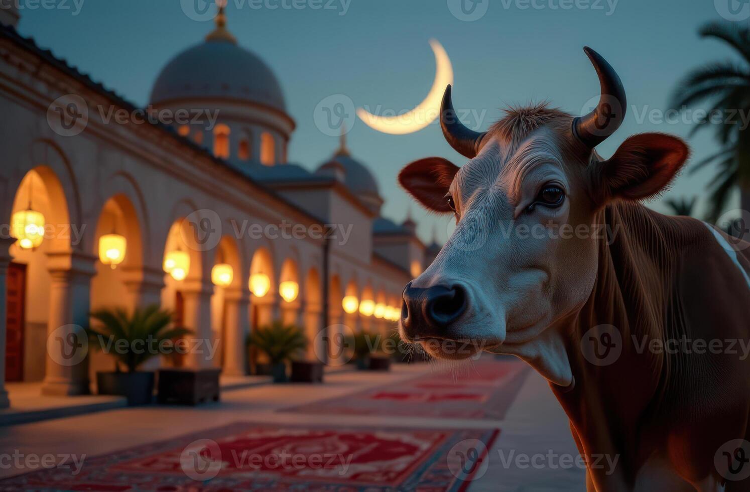 cow in front of illuminated mosque under crescent moon at dusk. Eid al Adha photo