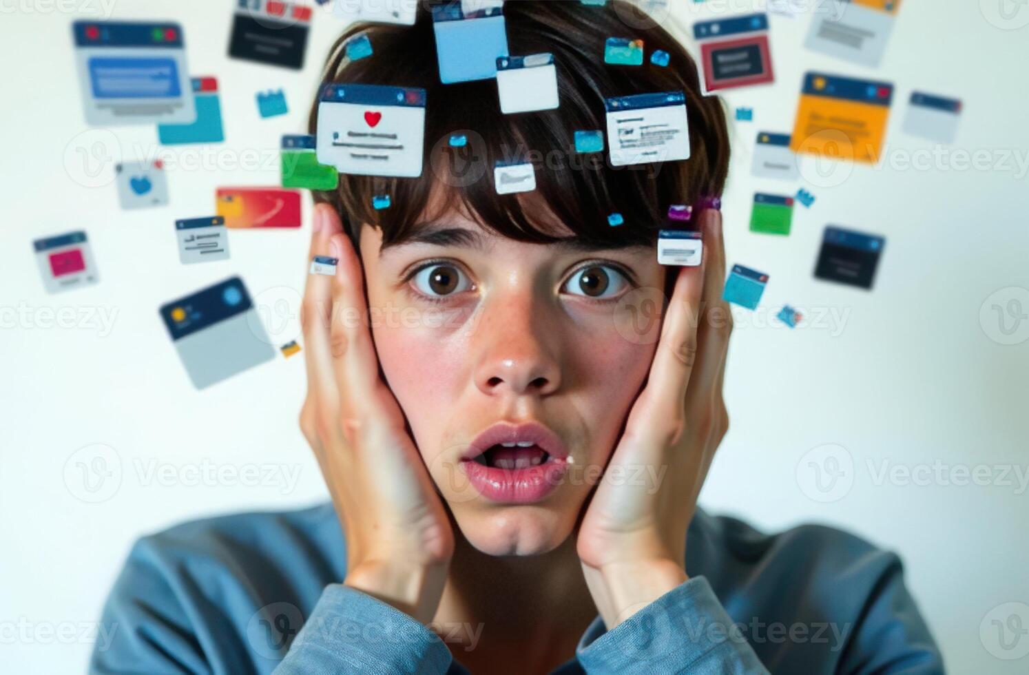 Overwhelmed person surrounded by floating social media notifications and alerts. concept of digital chaos, information overload photo