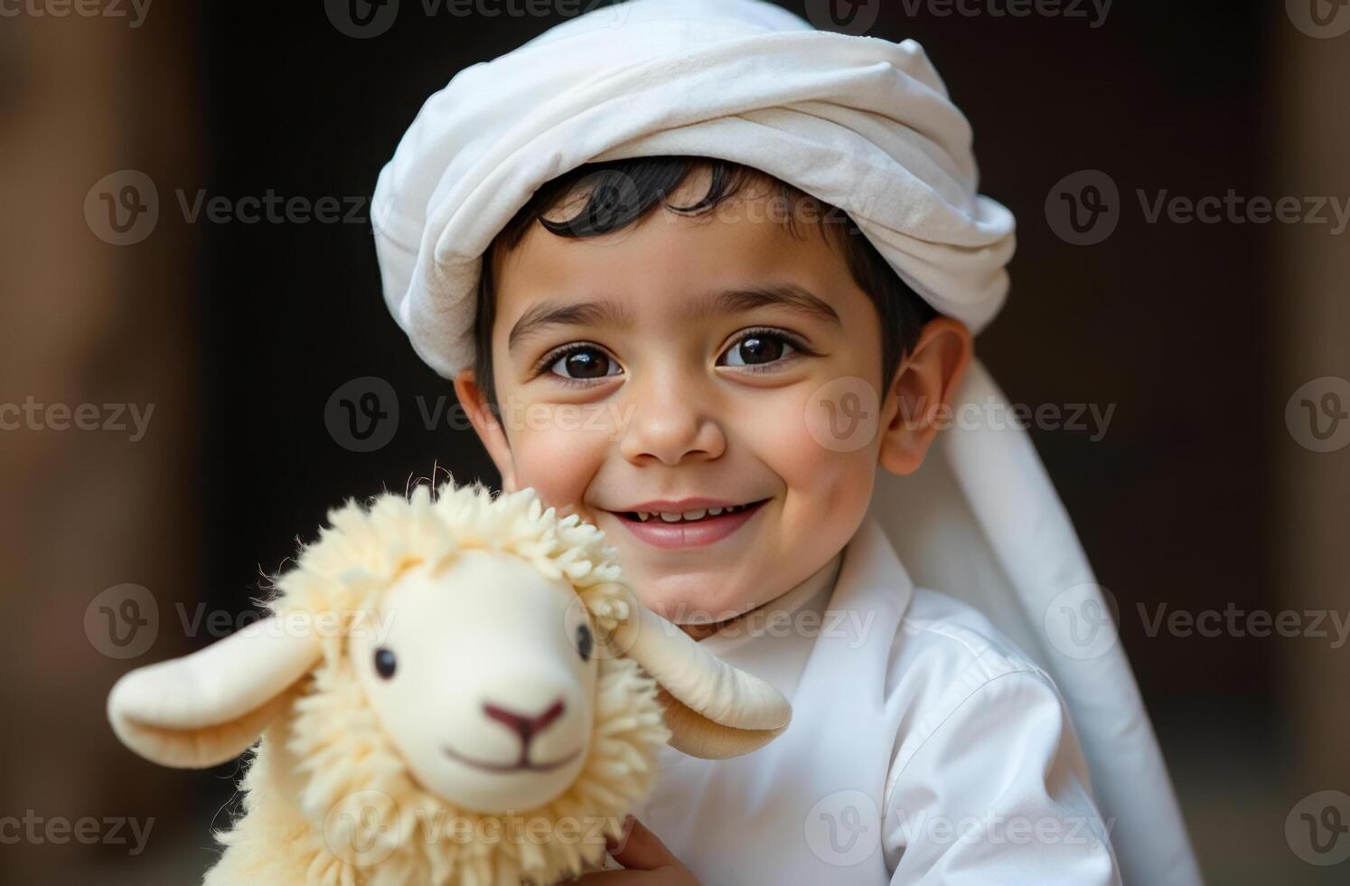 Cheerful boy with plush toy lamb in traditional middle eastern attire. Eid al Adha photo