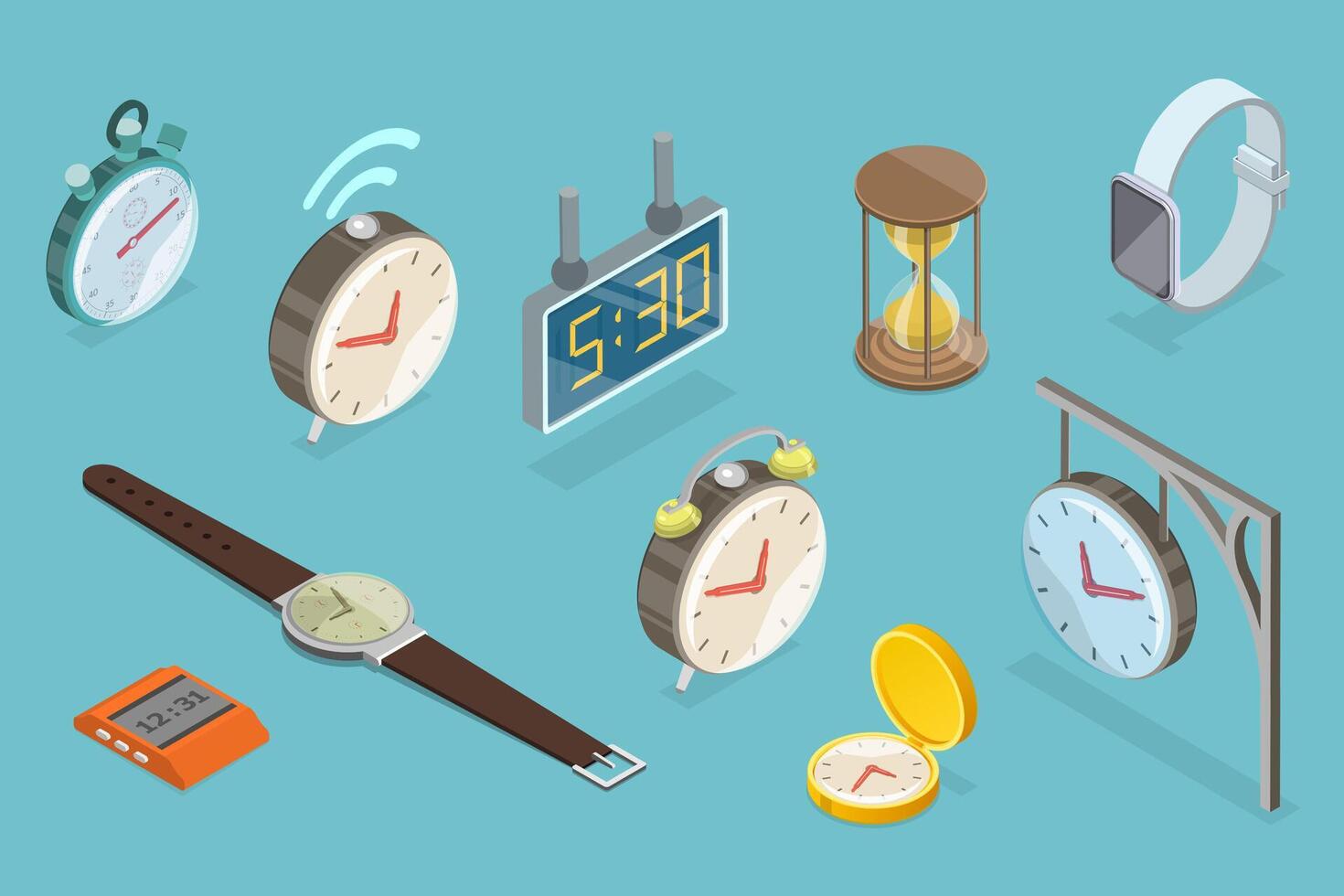 3D Isometric Flat Set of Clocks, Vintage, Classic and Contemporary vector