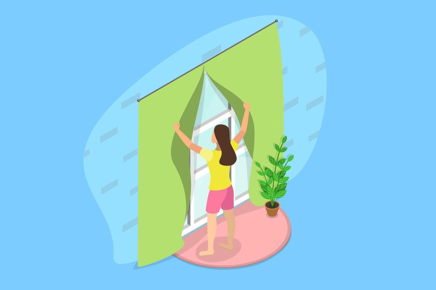 3D Isometric Flat Illustration of Morning View, Woman Opening her Room Windows vector
