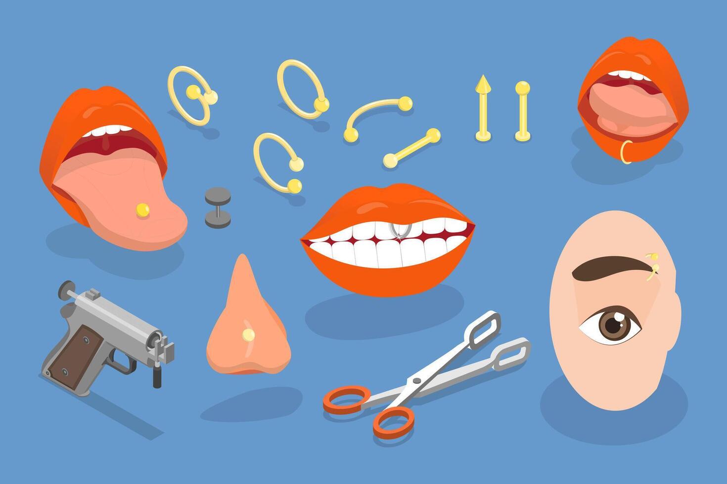 3D Isometric Flat Illustration of Body Piercing, Hoops or Barbells vector