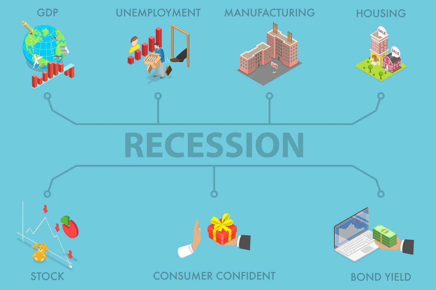 3D Isometric Flat Illustration of Economy Recession, Global Market Collapse vector