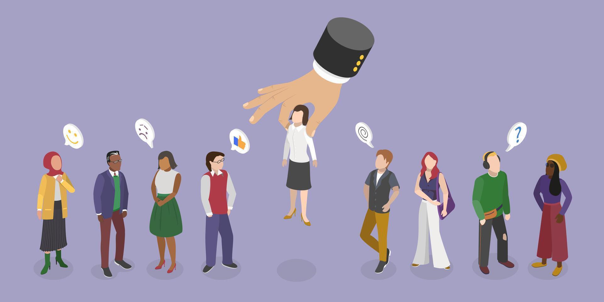 3D Isometric Flat Illustration of Search Employer, Choosing a Professional Experienced Candidate Job Vacancy vector