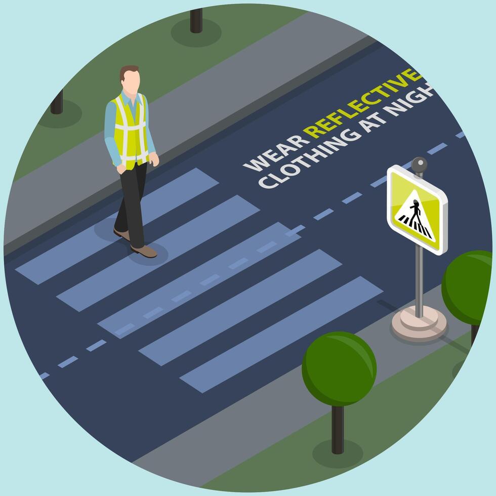 3D Isometric Flat Illustration of Safety Crosswalk, Crossing Road at Night vector