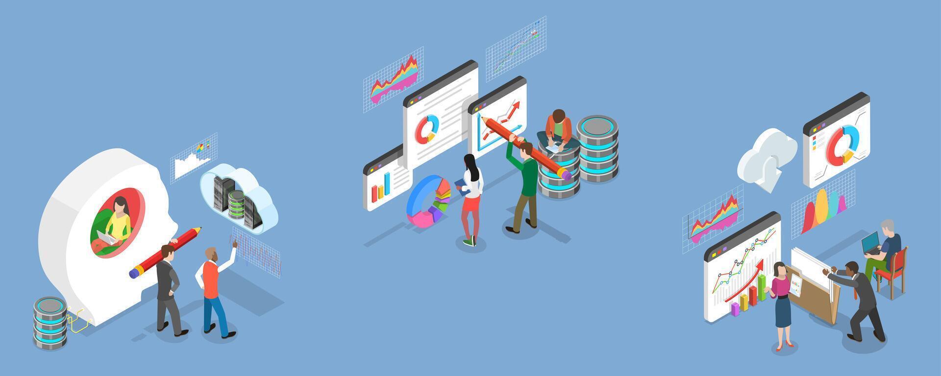 3D Isometric Flat Illustration of Big Financial Data, Statistical Report Chart vector