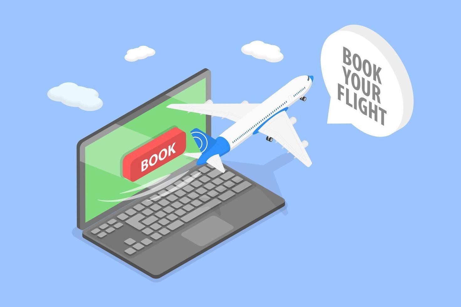 3D Isometric Flat Illustration of Flight Tickets Online Booking Service, Airline Traveling vector