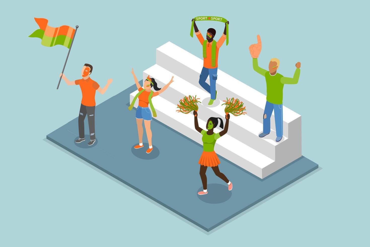 3D Isometric Flat Illustration of Cheerful Soccer Fans, Sport Game Supporters vector