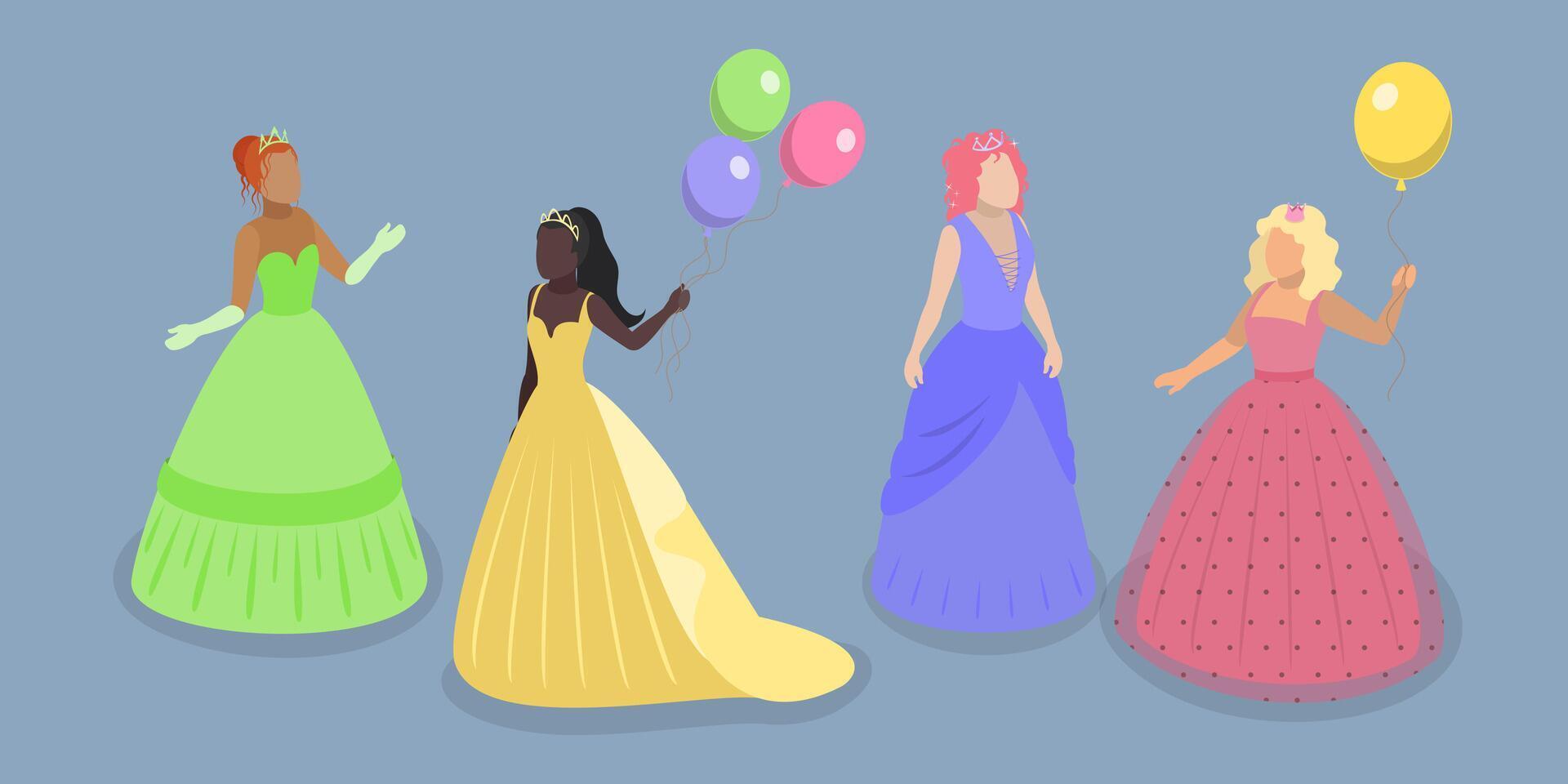 3D Isometric Flat Set of Princess Characters, Beautiful Girlish Dress vector