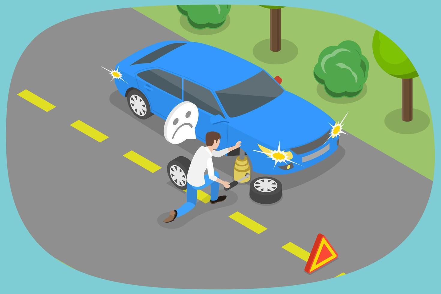 3D Isometric Flat Illustration of Changing Flat Tire, Road Broke Problems vector