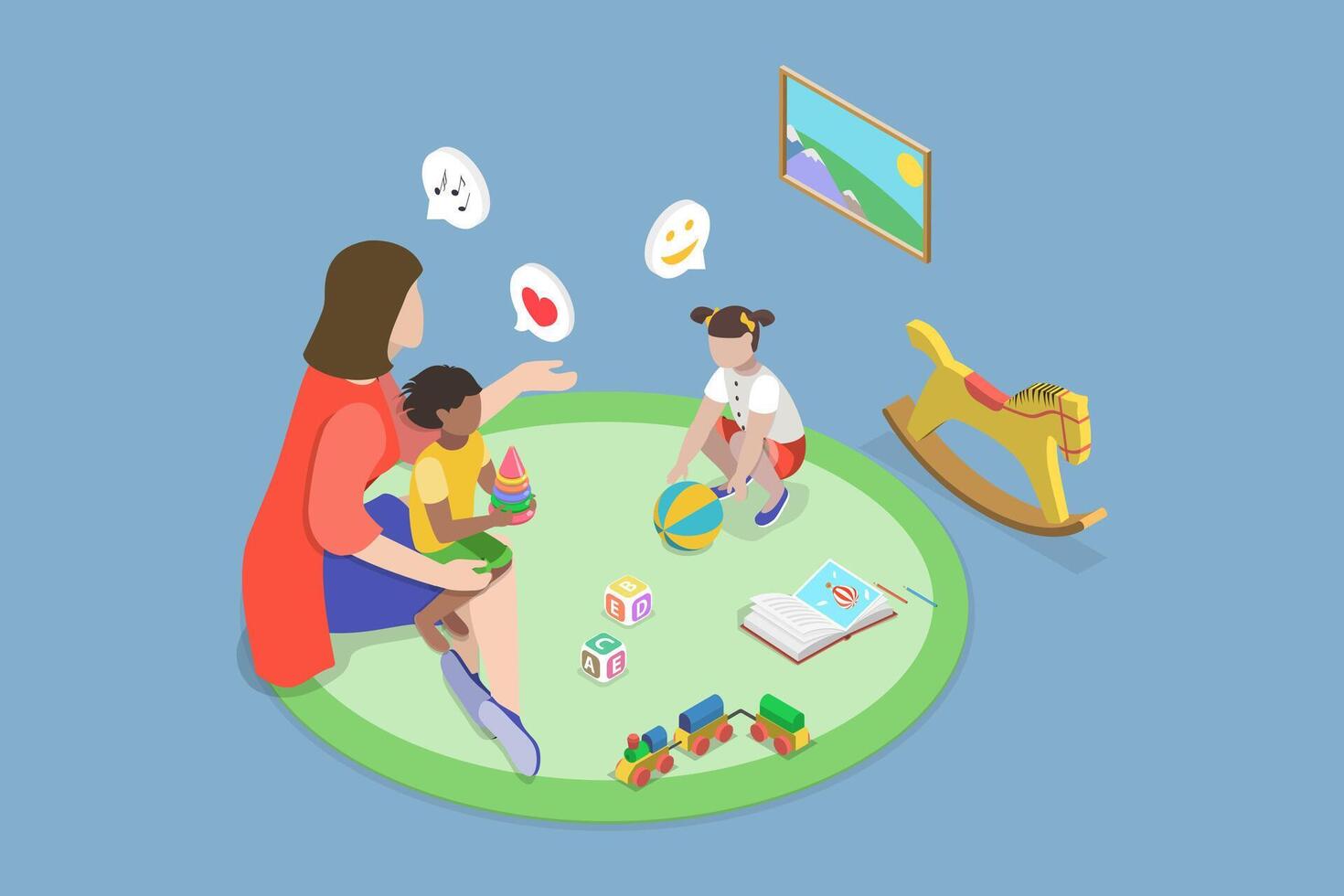 3D Isometric Flat Illustration of Family Nanny, Babysitting and Daycare vector