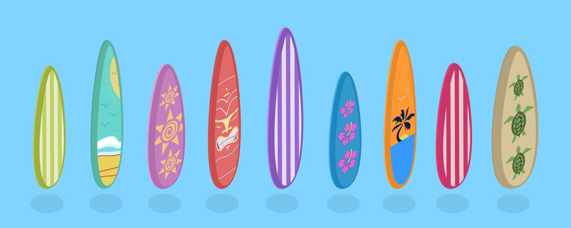 3D Isometric Flat Set of Surfboards, Extreme Activity Equipment vector
