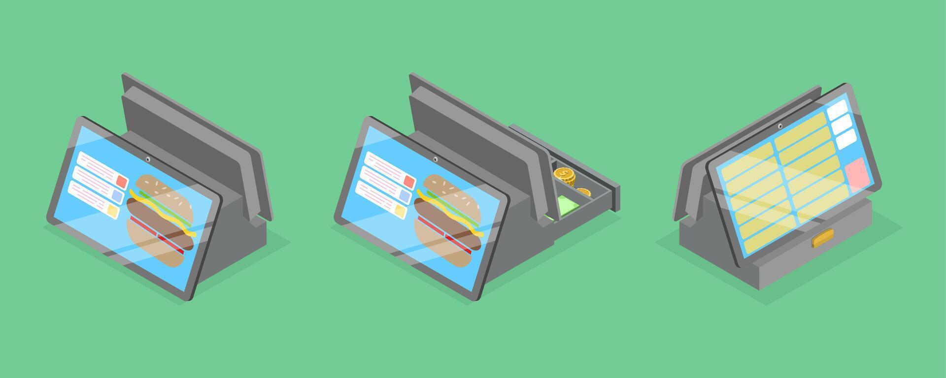 3D Isometric Flat Illustration of Fast Food Checkout Terminal, Cash Register Computer vector