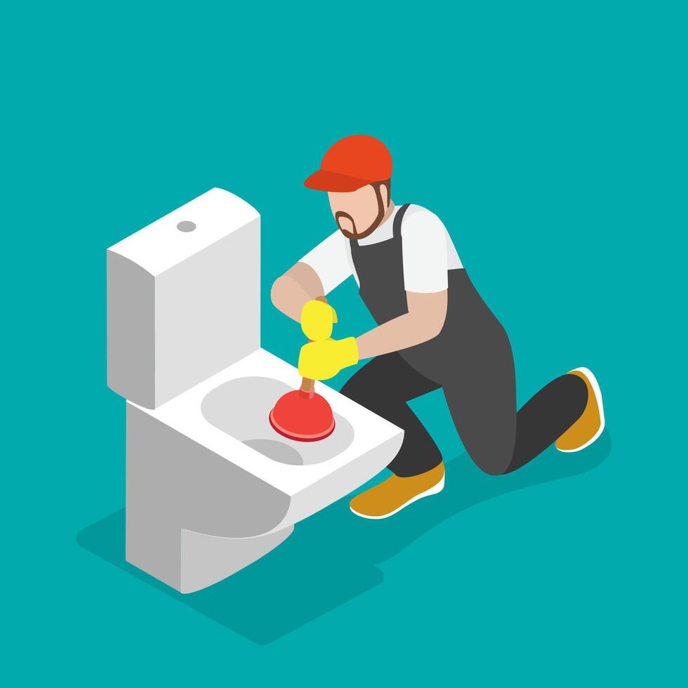 3D Isometric Flat Illustration of Plumber , Unclogging DDirty Water Pipe vector