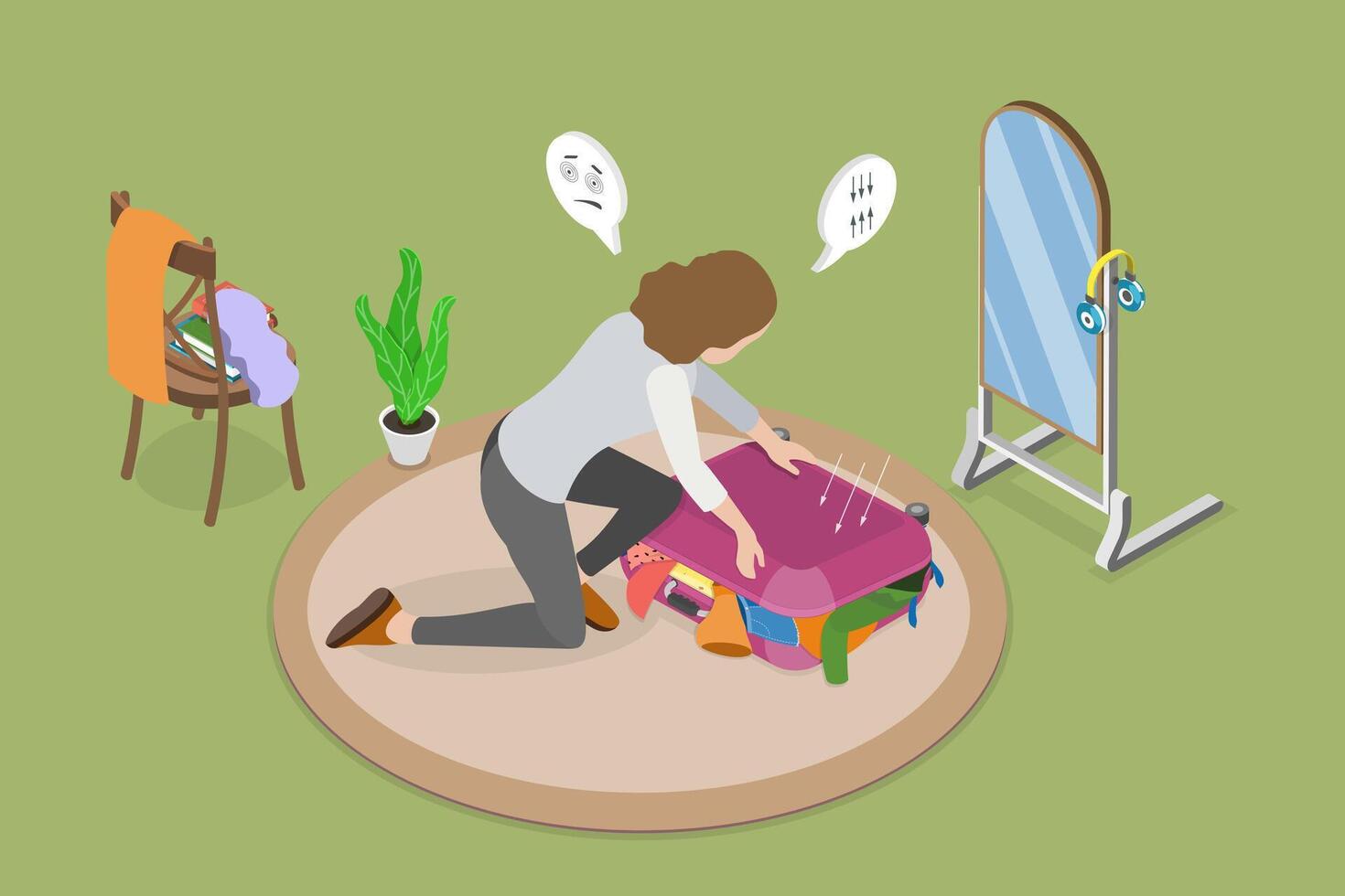 3D Isometric Flat Illustration of Packing Clothes Into Luggage, Packed Baggage vector