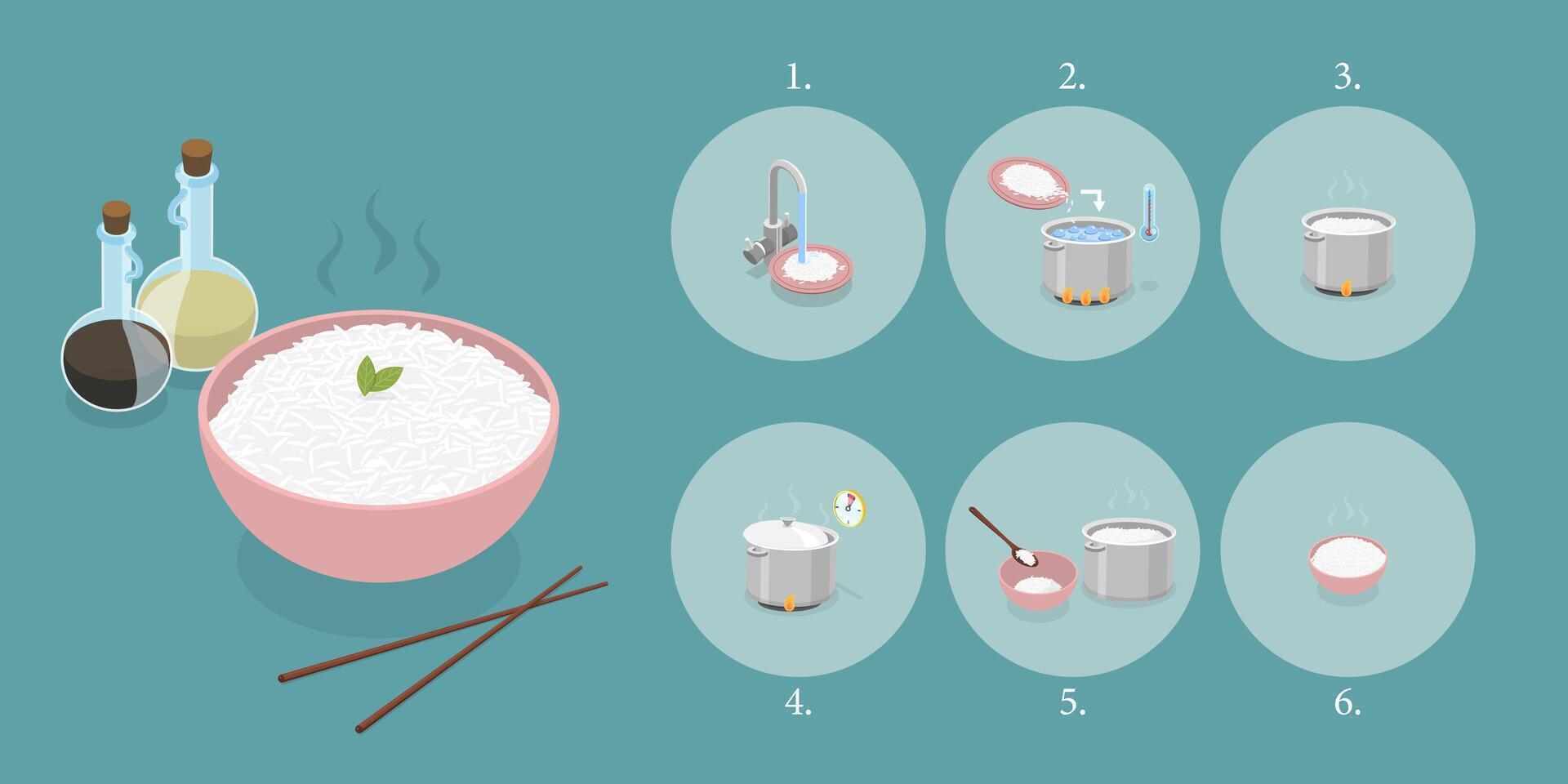 3D Isometric Flat Illustration of Cooking Rice Instructions, Food Preparation vector