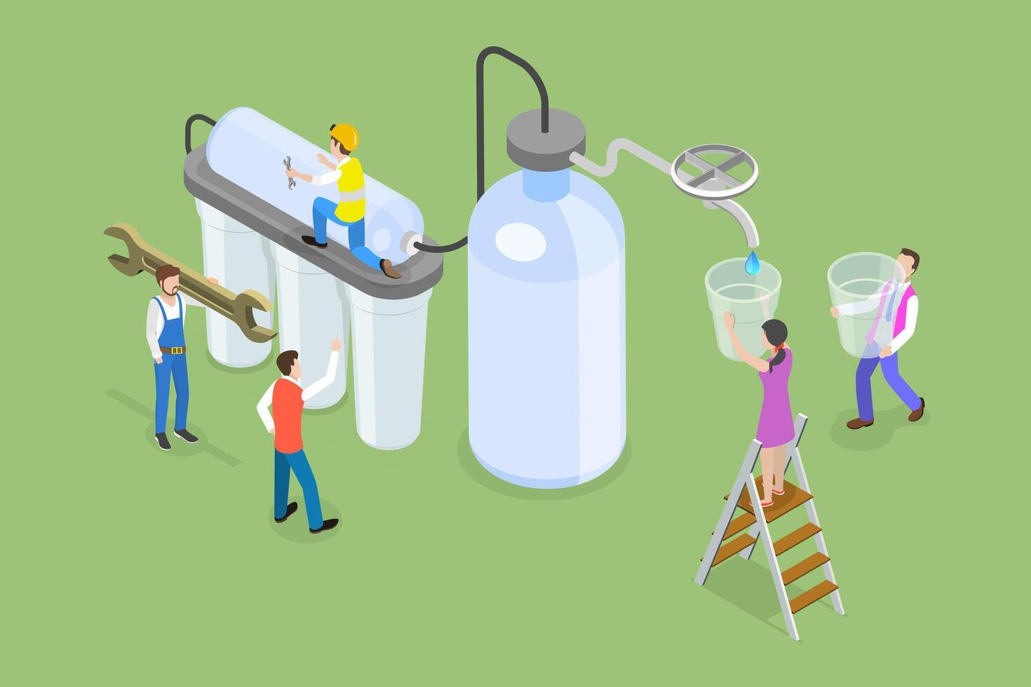3D Isometric Flat Illustration of Water Purification Service, Cleansing Liquid by Lowering Contamination vector