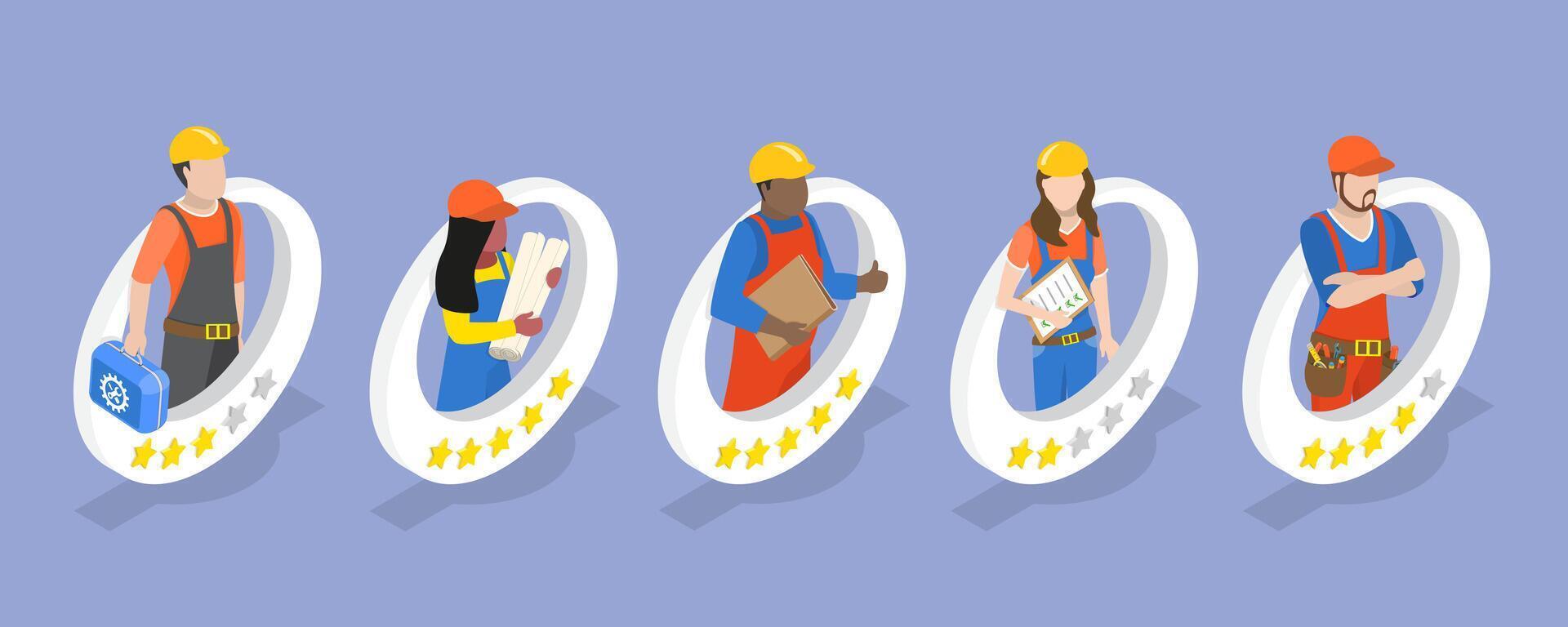 3D Isometric Flat Illustration of Contractor Rating , Professionals Review and Ranking vector