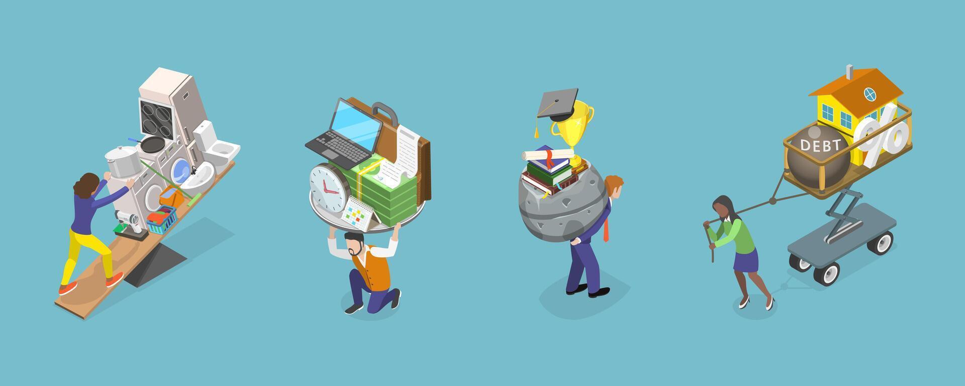3D Isometric Flat Set of Tired People, Pressure of Difficulties and Hardships vector