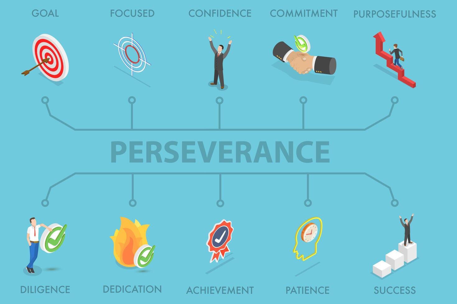 3D Isometric Flat Illustration of Perseverance, Efforts to Reach a Goal, Achievement Success vector