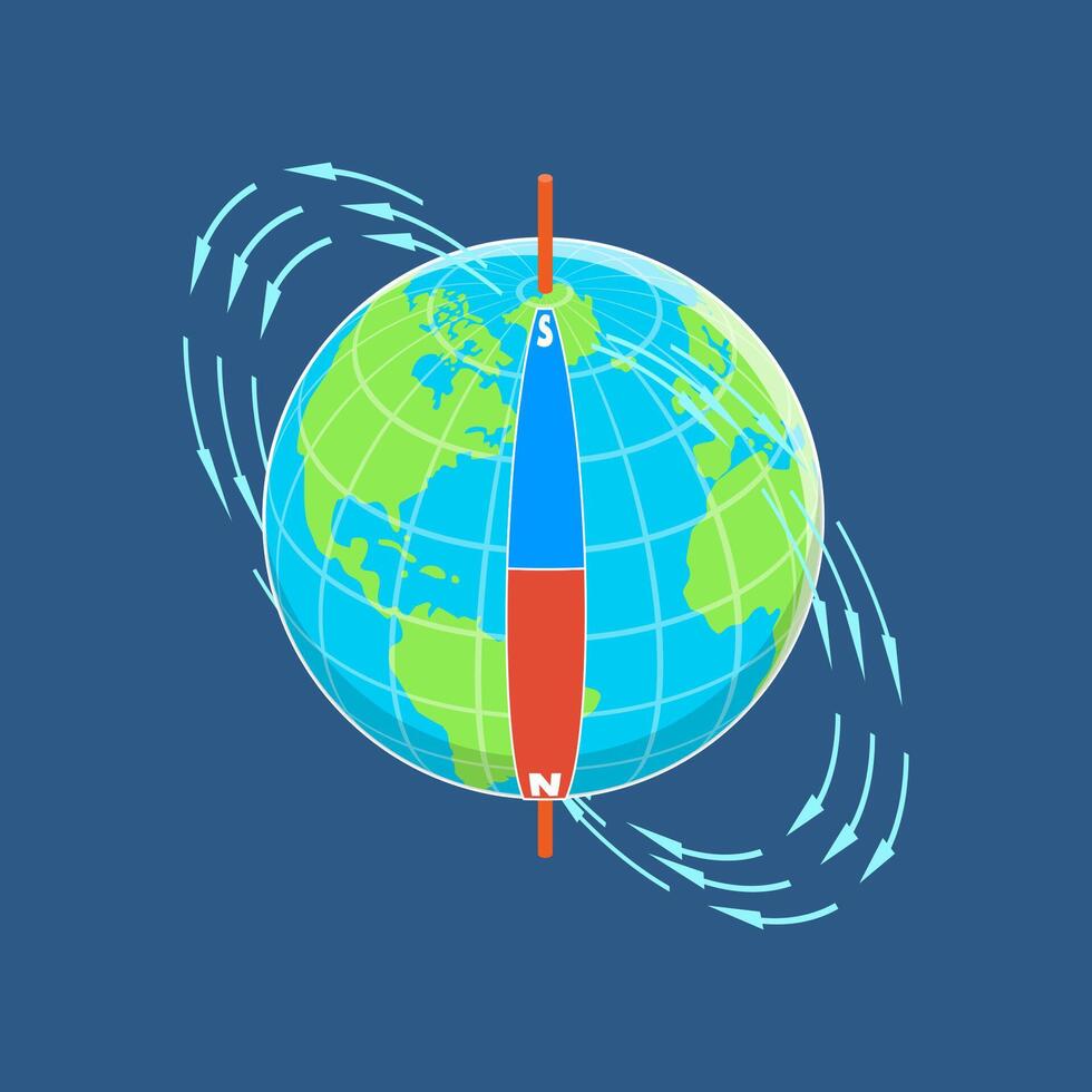 3D Isometric Flat Illustration of Earth's Magnetic Field, Geographical Pole of the Globe vector
