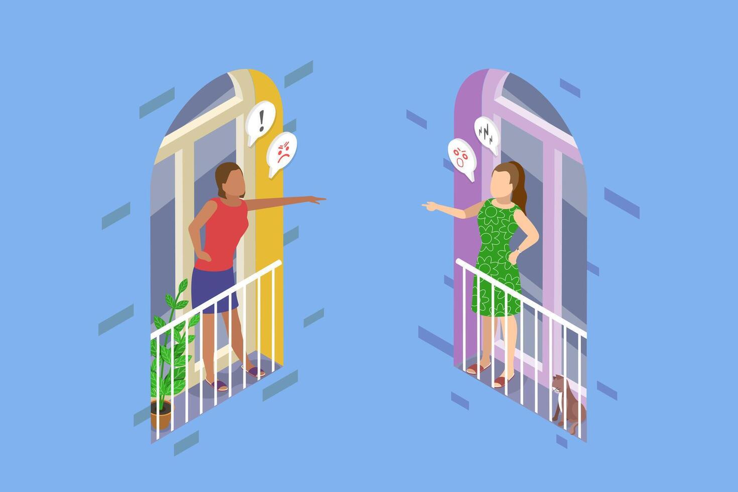 3D Isometric Flat Illustration of Furious Female Neighbors, Conflict Between Residents of a Building vector