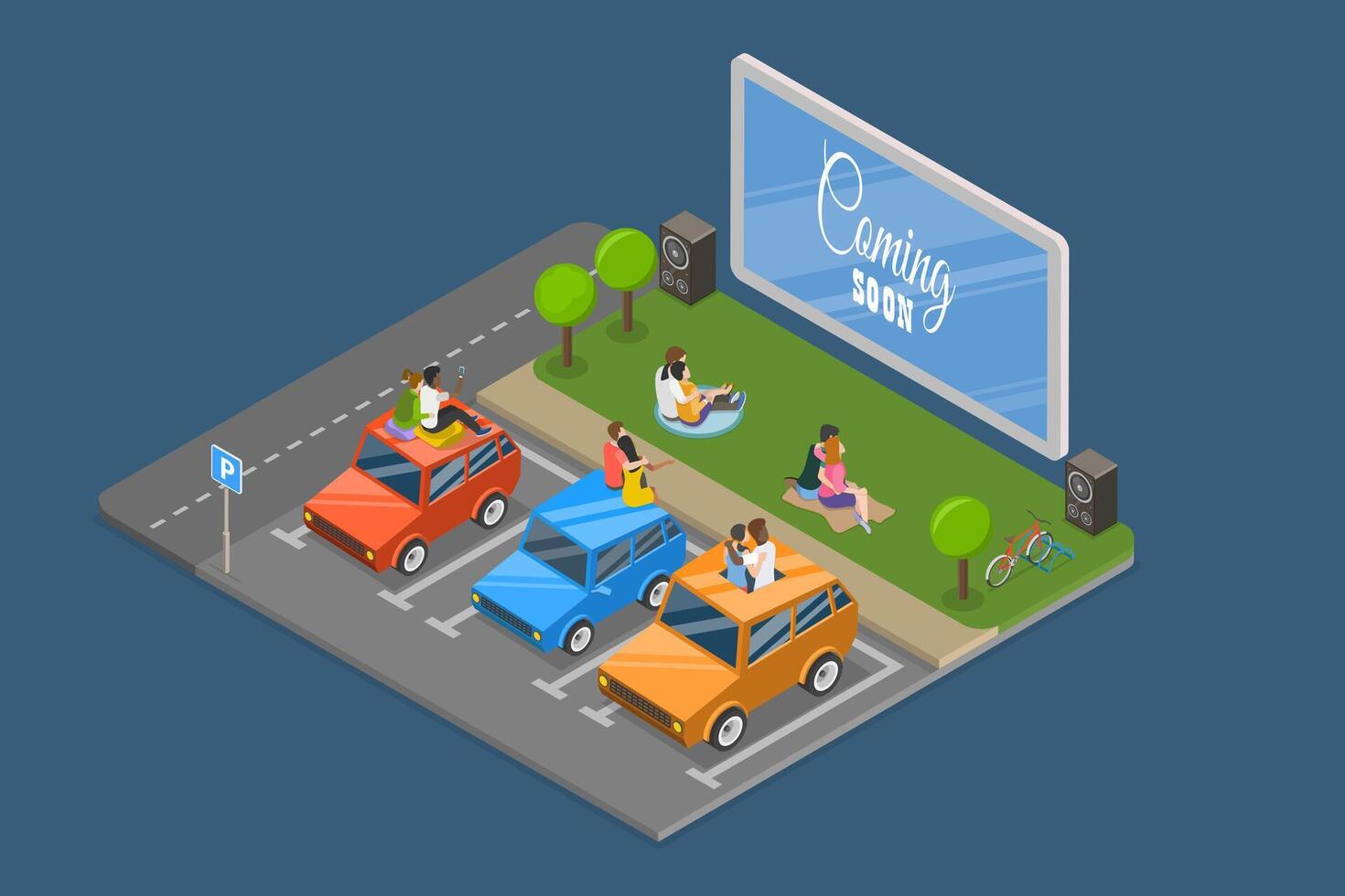 3D Isometric Flat Illustration of Outdoor Cinema, Big Screen Open Air Movie vector