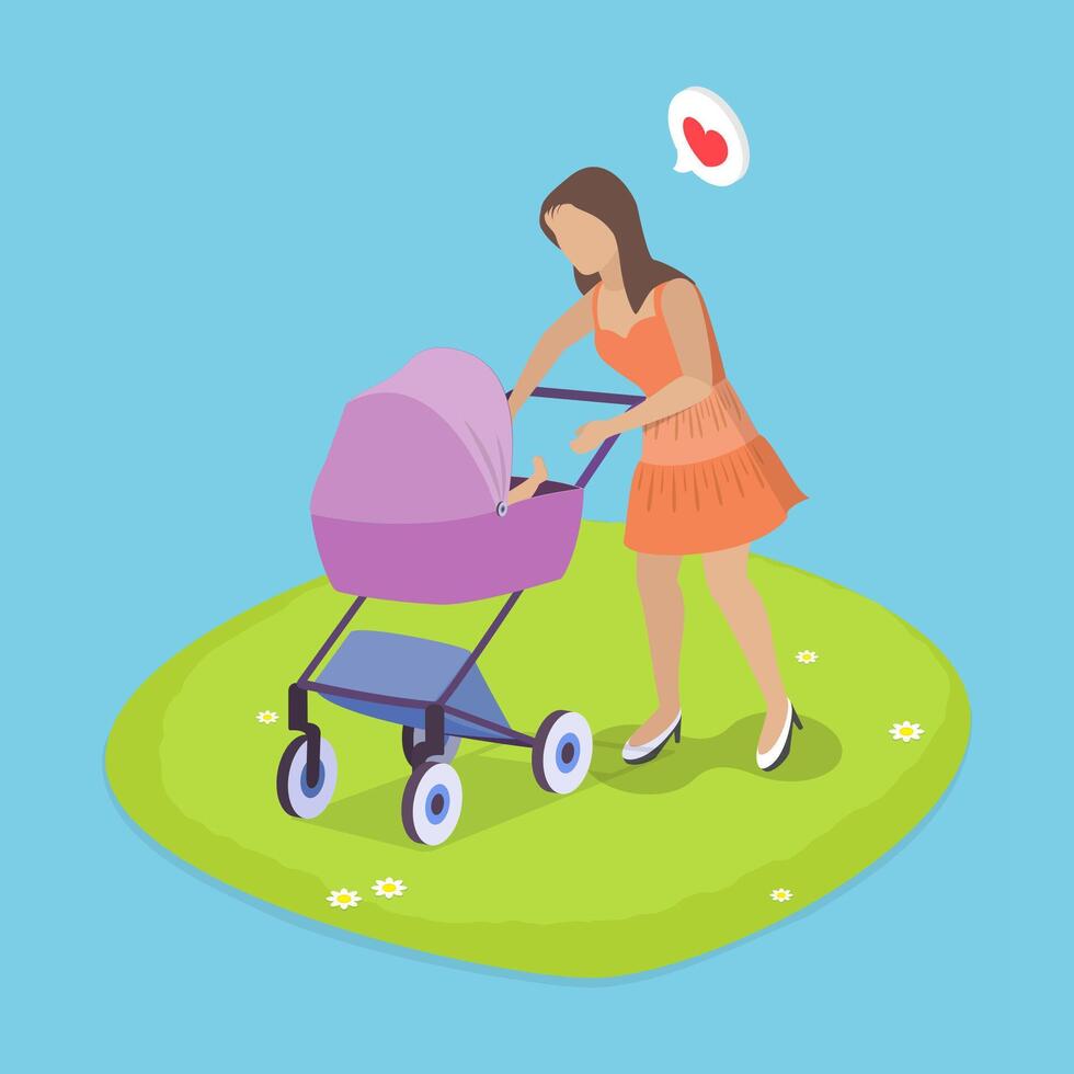 3D Isometric Flat Illustration of New Mom, Childcare and Parenting vector