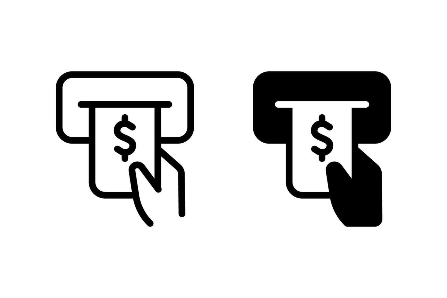 Hand withdrawing cash from an ATM machine icon. Depicts modern finance, banking, and financial transaction vector