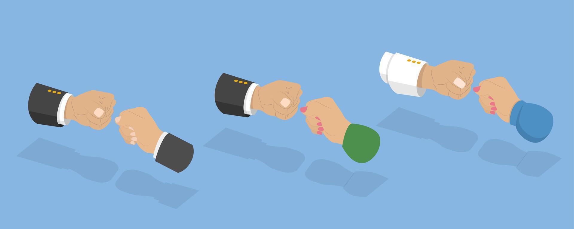 3D Isometric Flat Illustration of Fists Bump Punch, Partnership and Teamwork vector